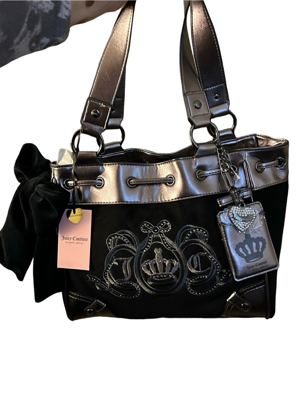 EXCLUSIVE JUICY COUTURE LOVERS CLUB BLING CROWN TOTE BLACK & METALLIC GUNMETAL